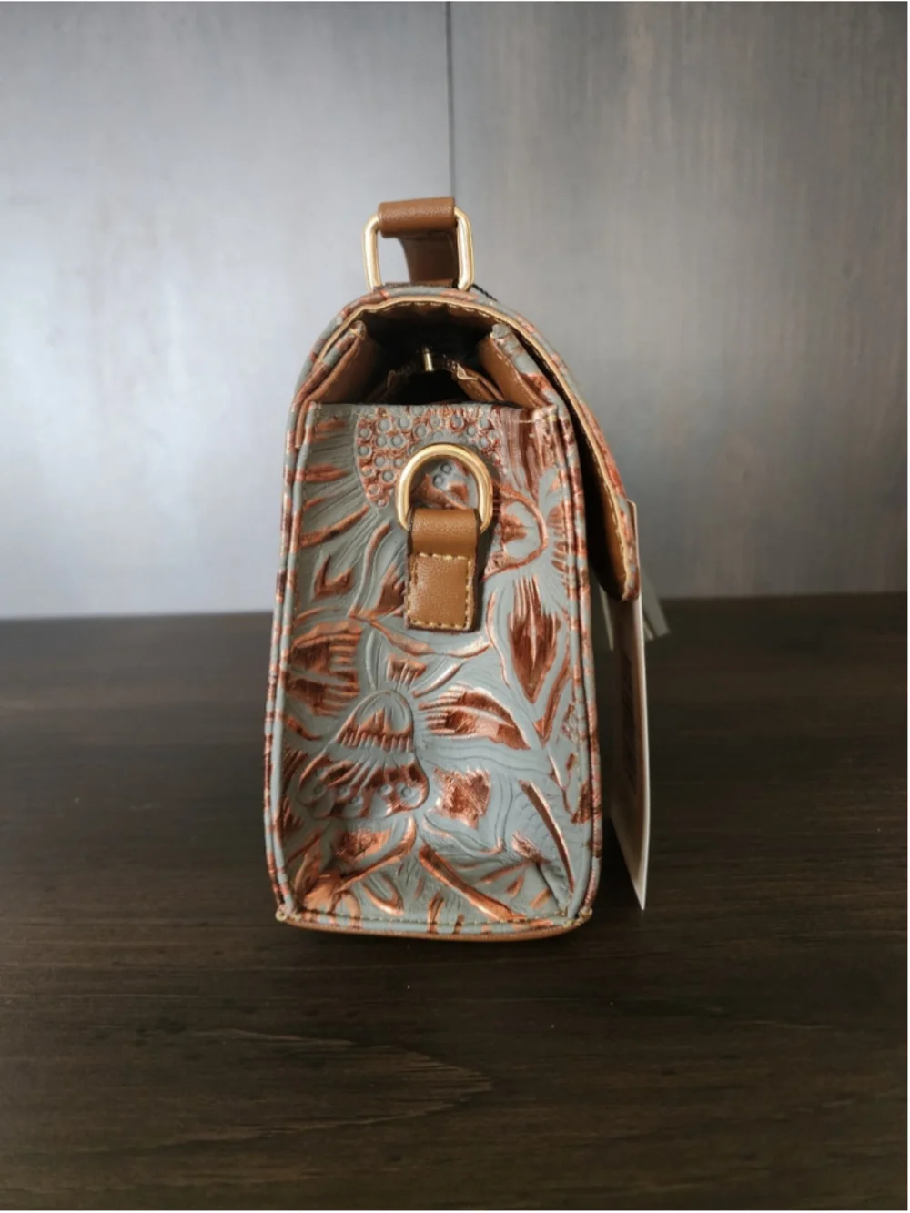 Blue Gray Bronze Sunflower Embossed Tooled Artisan Leather Crossbody Purse